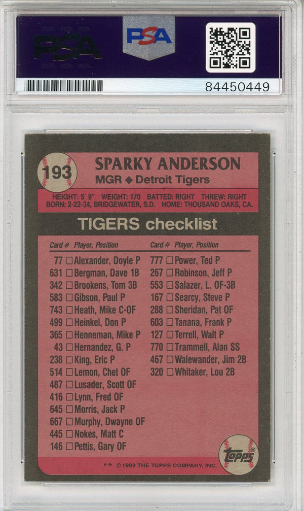 Sparky Anderson Autographed 1989 Topps Card (PSA)