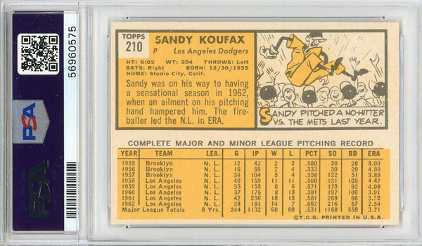  1963 Topps Sandy Koufax Baseball Card #210 Graded PSA