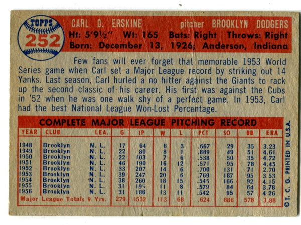 Carl Erskine 1957 Topps #252 Card