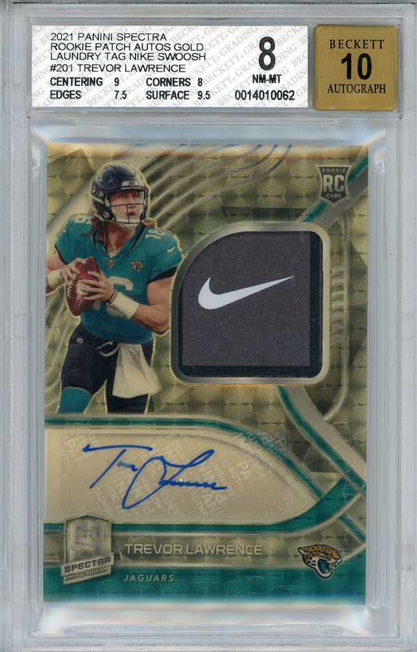 Trevor Lawrence Autographed 2021 Panini Spectra Rookie Patch Gold Laundry Tag Nike Swoosh Card (BGS 8/10)
