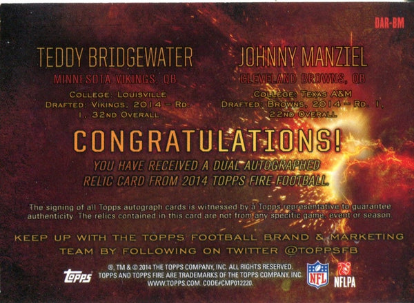 Teddy Bridgewater & Johnny Manziel Autographed 2014 Topps Fire Dual Relic Card