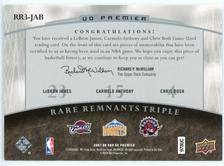 LeBron James Carmelo Anthony & Chris Bosh 2007-08 Upper Deck Premier Rare Remnants Triple Patch Card #RR3-JAB
