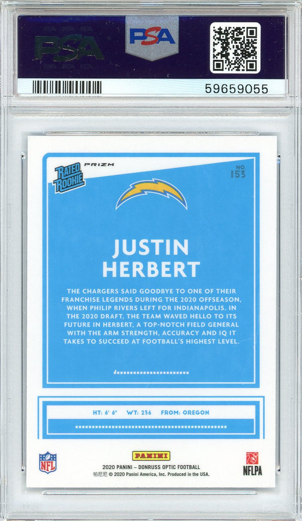 Justin Herbert 2020 Panini Donruss Optic Blue Hyper Prizm Rated Rookie Card #153 (PSA 10)