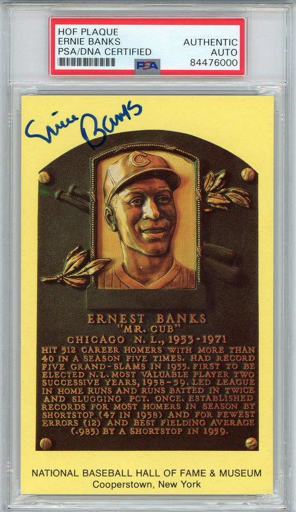Ernie Banks Autographed Hall of Fame Plaque Card (PSA)