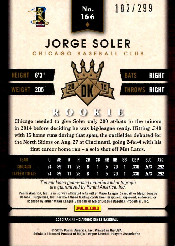 Jorge Soler Autographed 2015 Panini Diamond Kings Rookie Jersey Card #102/299