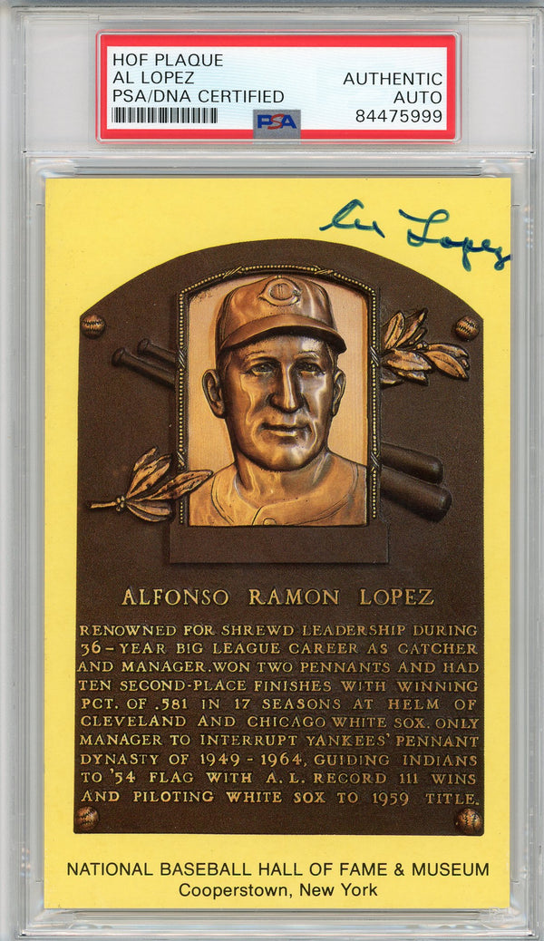 Al Lopez Autographed Hall of Fame Plaque Card (PSA)