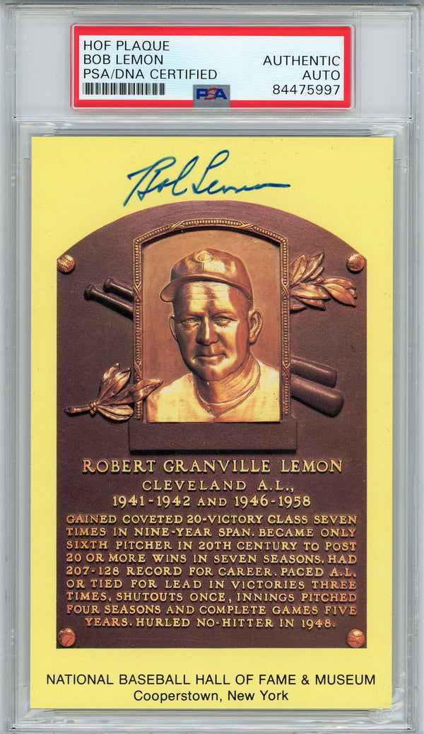 Bob Lemon Autographed Hall of Fame Plaque Card (PSA)