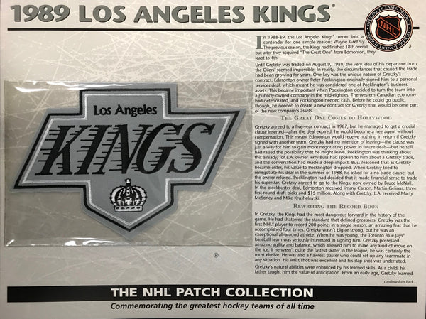 NHL 1989 Los Angeles Kings Official Patch on Team History Card