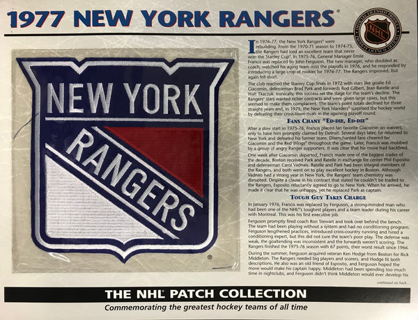 NHL 1977 New York Rangers Official Patch on Team History Card