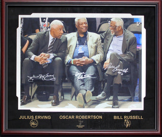 Bill Russell, Oscar Robertson & Julius Erving Autographed Framed 16x20 Photo (JSA)