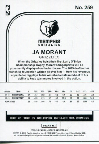 Ja Morant 2019-20 Panini Hoops #259 Rookie Card