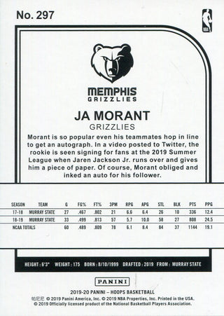 Ja Morant 2019-20 Panini NBA Hoops Rookie Card
