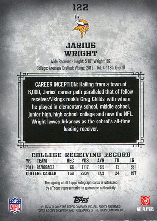 Jarius Wright Autographed 2012 Topps Inception Rookie Card