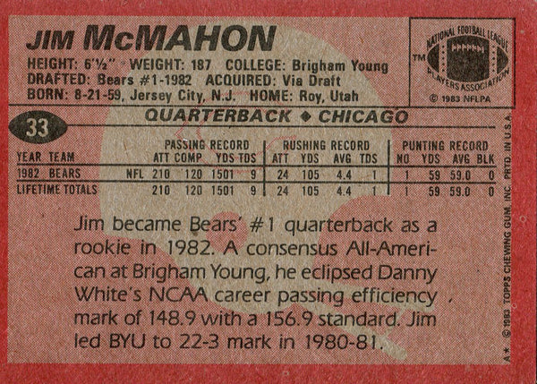Jim McMahon 1983 Topps #33 Rookie Card