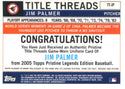 Jim Palmer Unsigned 2005 Topps Pristine Jersey Back Card