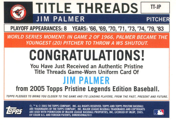 Jim Palmer Unsigned 2005 Topps Pristine Jersey Back Card