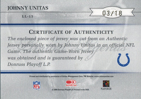 Johnny Unitas 2005 Leaf Limited Jersey Card