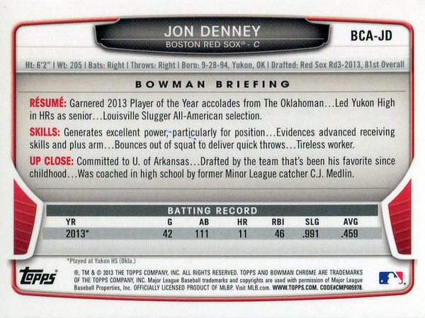 Jon Denney Autographed 2013 Bowman Chrome Rookie Card