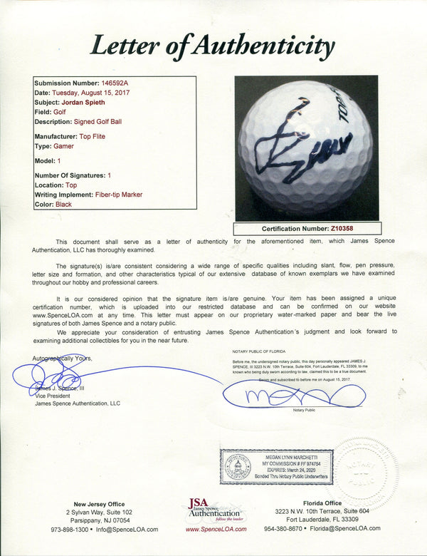 Jordan Spieth Autographed Top Flite Golf Ball (JSA) COA