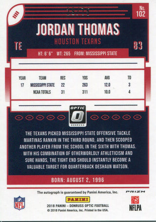 Jordan Thomas Autographed 2018 Panini Optic Rookie Card Back
