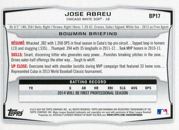 Jose Abreu Unsigned 2014 Bowman Rookie Card