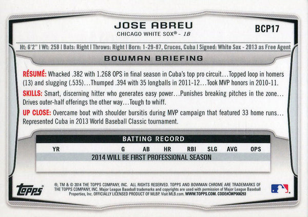 Jose Abreu Unsigned 2014 Bowman Chrome Rookie Card