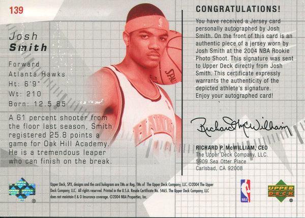 Josh Smith Autographed 2004 Upper Deck Rookie Jersey Card back