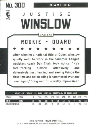 Justise Winslow 2015-16 Panini NBA Hoops Rookie Card Back