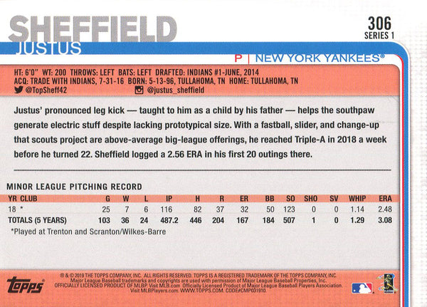 Justus Sheffield 2019 Topps Rookie Card #306