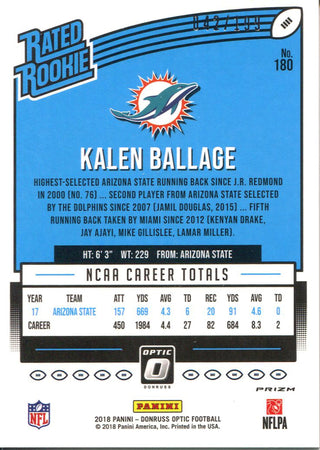 Kalen Ballage 2018 Panini Optic Orange Rookie Card Back