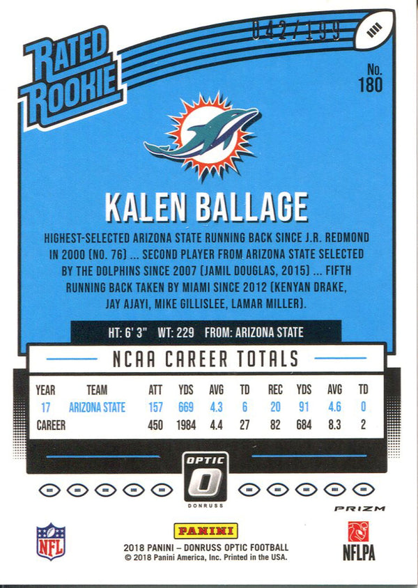 Kalen Ballage 2018 Panini Optic Orange Rookie Card Back