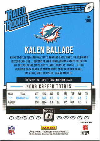 Kalen Ballage 2018 Panini Optic Blue Rookie Card Back