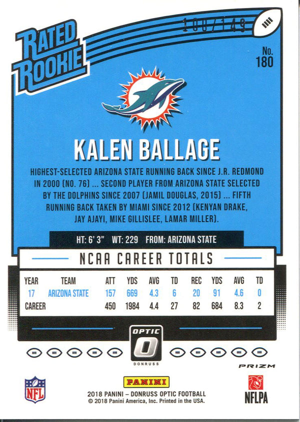 Kalen Ballage 2018 Panini Optic Blue Rookie Card Back