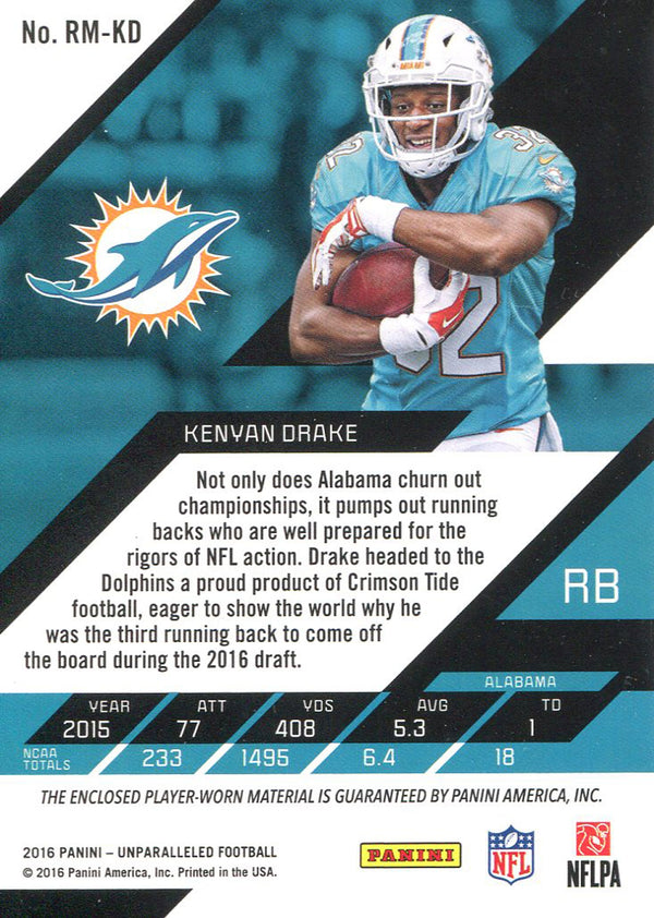 Kenyan Drake 2016 Panini Unparalleled Rookie Jersey Card Back