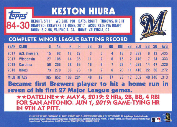 Keston Hiura 2019 Topps Rookie Card #30