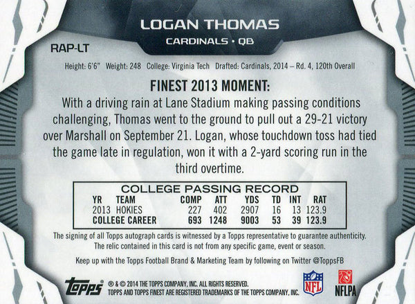 Logan Thomas Autographed 2014 Topps Finest Rookie Jersey Card