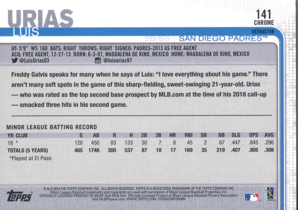 Luis Urias 2019 Topps Chrome Refractor Rookie Card #141