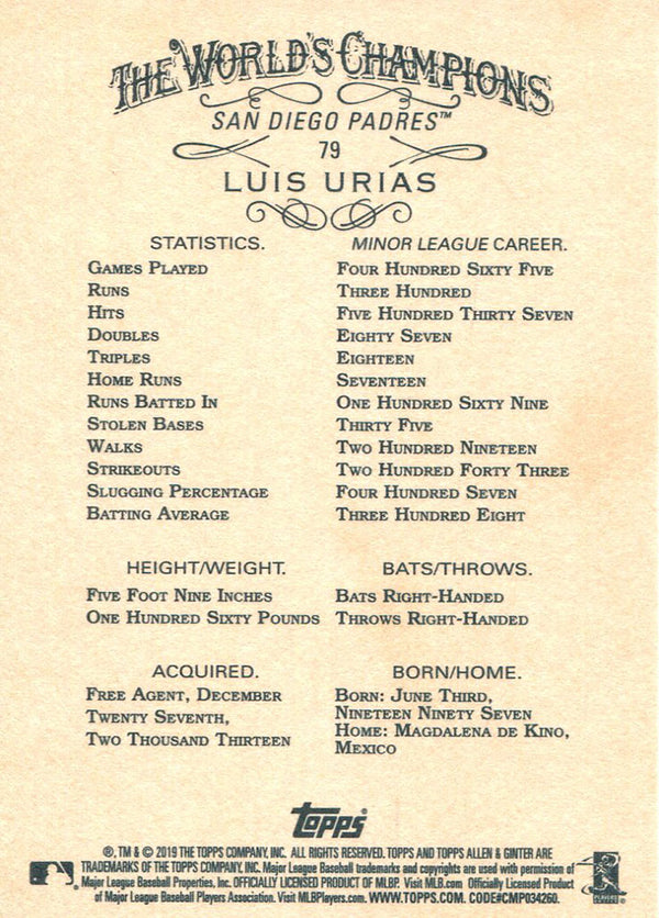 Luis Urias 2019 Topps Allen & Ginter Rookie Card #79