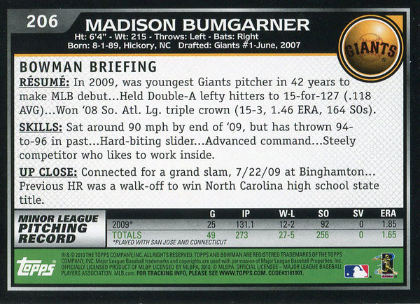 Madison Bumgarner Unsigned 2010 Bowman Rookie Card
