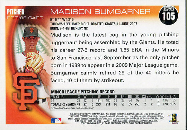 Madison Bumgarner Unsigned 2010 Topps Rookie Card