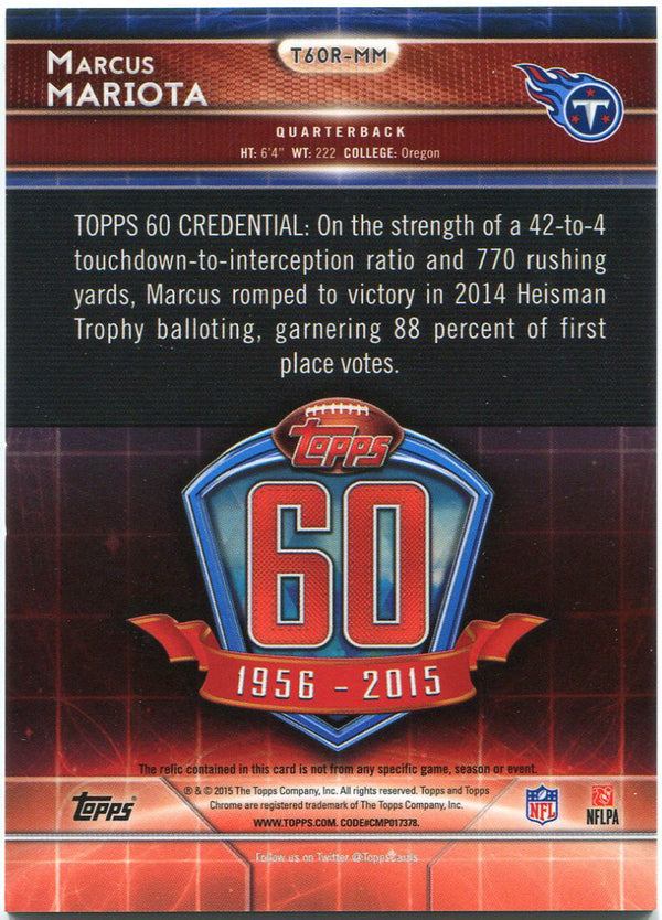 Marcus Mariota 2015 Topps Relic Jersey Rookie Card Back