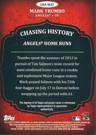 Mark Trumbo Autographed 2013 Topps Chasing History Card