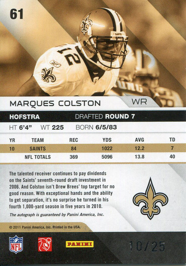 Marques Colston Autographed 2011 Panini Absolute Memorabilia Card