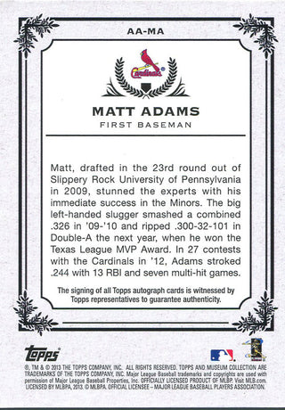 Matt Adams Autographed 2013 Topps Muesum Collection Card