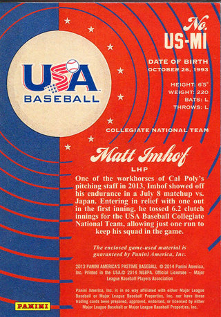 Matt Imhof Unsigned 2013 Panini America's Pastime Jersey Card