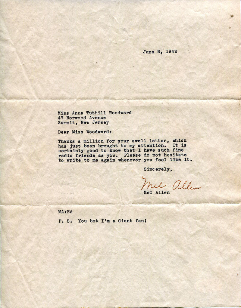 James Allen Letter Mel Allen Autographed JSA Letter | Hollywood Collectibles