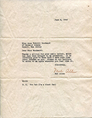 Mel Allen Autographed JSA Letter
