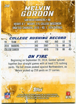 Melvin Gordon 2015 Topps Fire Rookie Card Back