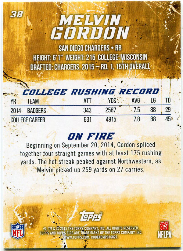Melvin Gordon 2015 Topps Fire Rookie Card Back