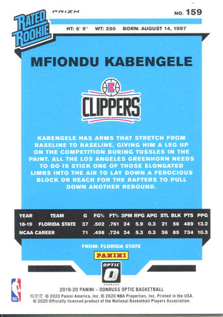 Mfiondu Kabengele 2019-20 Donruss Optic Rated Rookie Pink Prizm Card